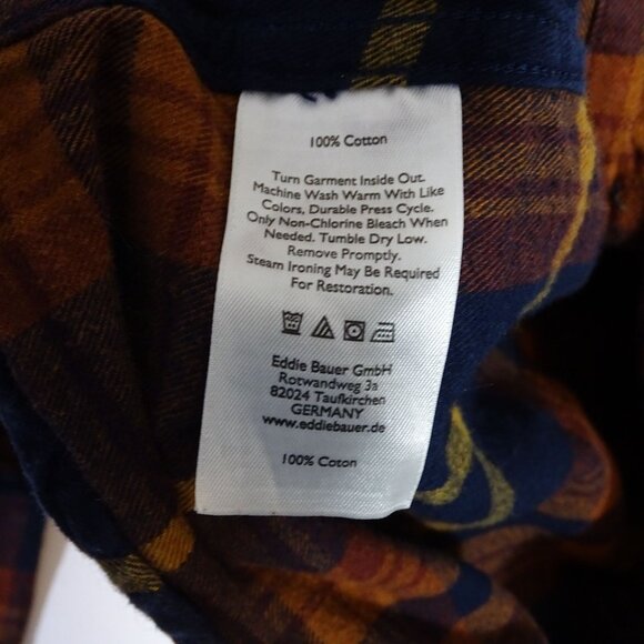Eddie Bauer Classic Fit Flannel Plaid Button Up Shirt Orange Blue Men Size L - Picture 6 of 11